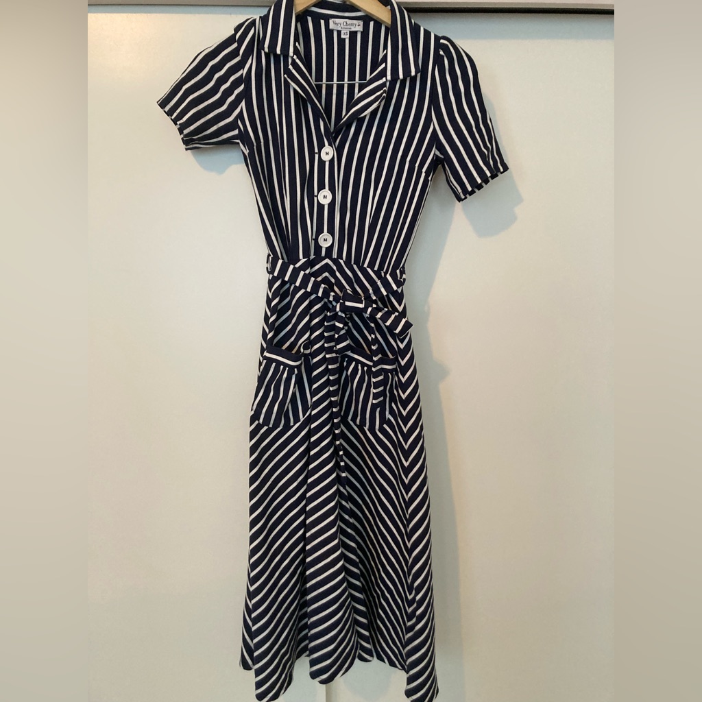 Top Vintage Blue And White Navy Striped 40’s 50’s Nautical Shirtdress